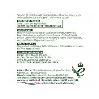 Natures Aid Vitamin D3 1000iu (25 ug) High Strength - Back