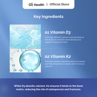 Oz Health Vitamin D3 + K2 60 Veg Capsules | Strong Bones & Heart Support | Improves Calcium Absorption