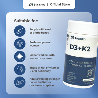 Oz Health Vitamin D3 + K2 60 Veg Capsules | Strong Bones & Heart Support | Improves Calcium Absorption