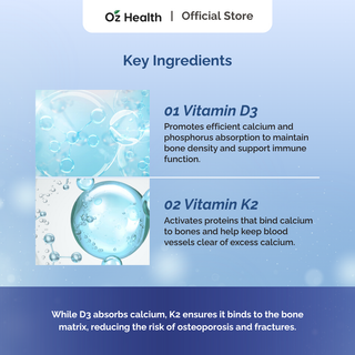 Oz Health Vitamin D3 + K2 60 Veg Capsules | Strong Bones & Heart Support | Improves Calcium Absorption