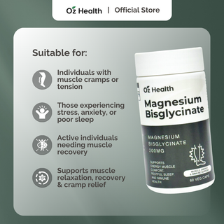 Oz Health Magnesium Biglycinate 60 Veg Capsules | Supports Muscle Cramps, Stress & Sleep