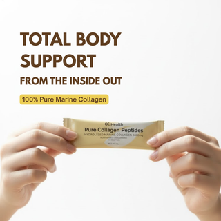 Collagen peptide package held by hands with promotional text on a white background