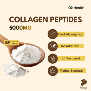 Collagen peptides with a wooden spoon on a beige background, featuring Oz Health branding.