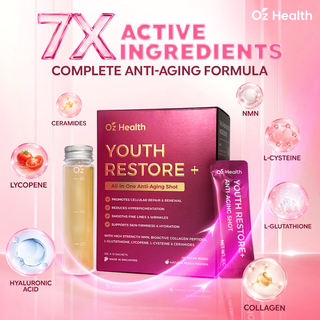 Oz Health Youth Restore+ product packaging with ingredients on a pink background